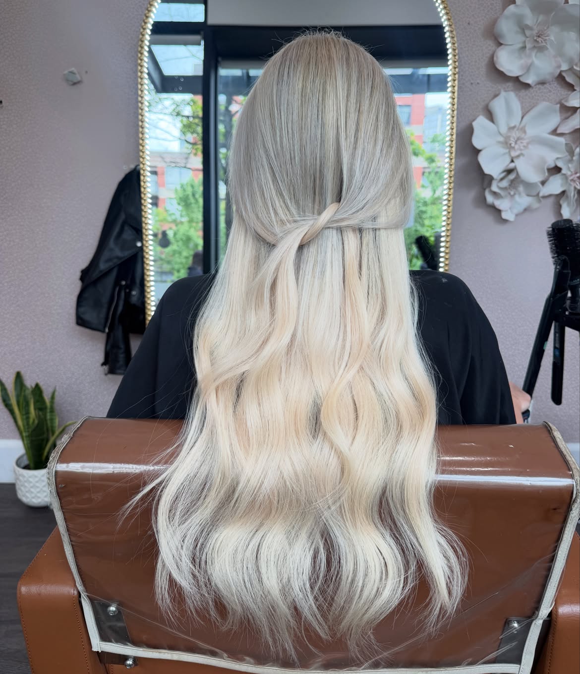 Half-up extension result — silky blonde length